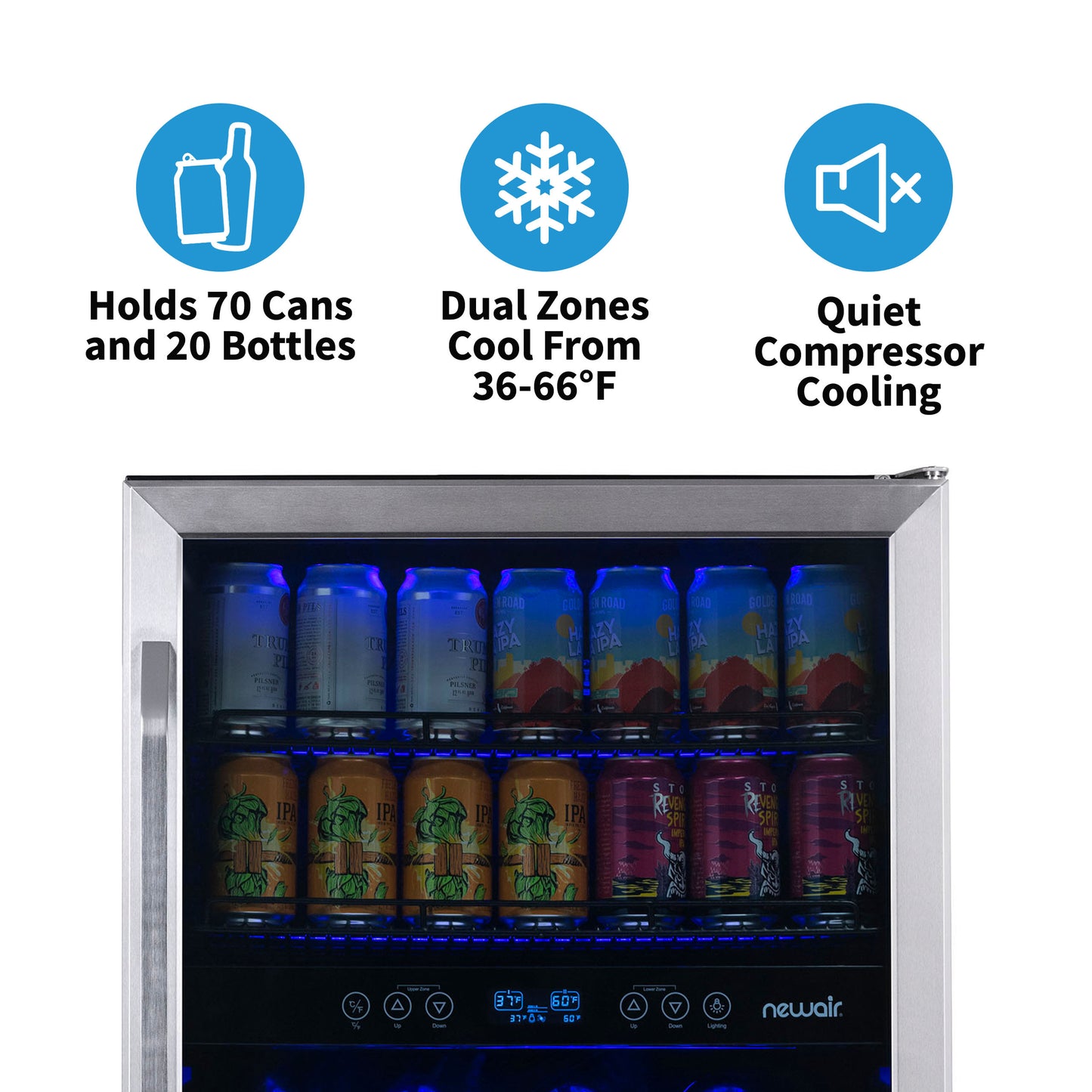 Newair 24” Built-in Dual Zone 20 Bottle and 70 Can Wine and Beverage Fridge in Stainless Steel with SplitShelf™ and Smooth Rolling Shelves AWB-400DB-Wine and Beverage Fridges-The Wine Cooler Club