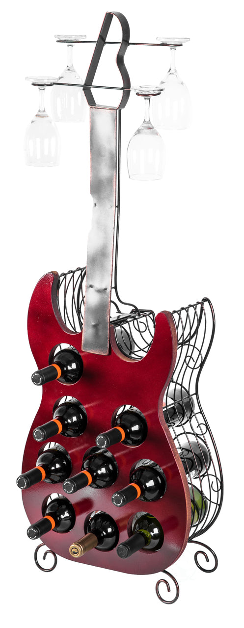 Vintage Wood and Metal Guitar Shaped 9 Bottle Freestanding Decorative Wine Holder QI003562-Wine Bottle Holders-The Wine Cooler Club