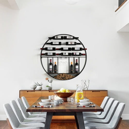Vintage Decorative Modern Black Metal Round Wall Mounted Wine Display Rack QI004276-Wine Racks-The Wine Cooler Club