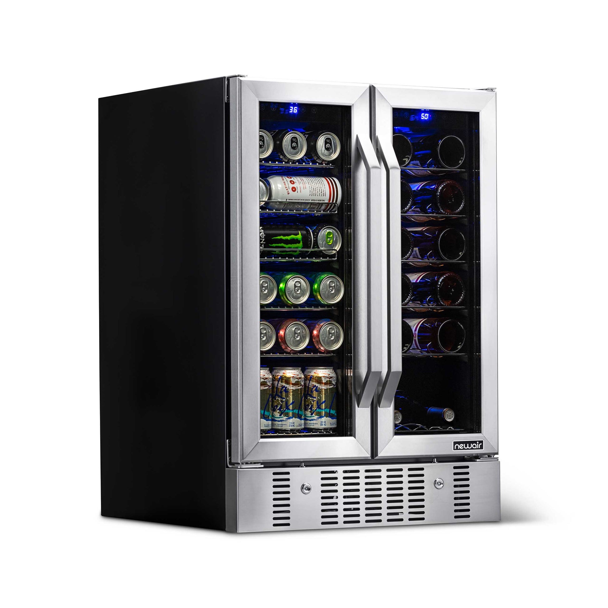 Newair 24” Built-in Dual Zone 18 Bottle and 58 Can Wine and Beverage Fridge in Stainless Steel with Chrome Shelves AWB-360DB-Wine and Beverage Fridges-The Wine Cooler Club