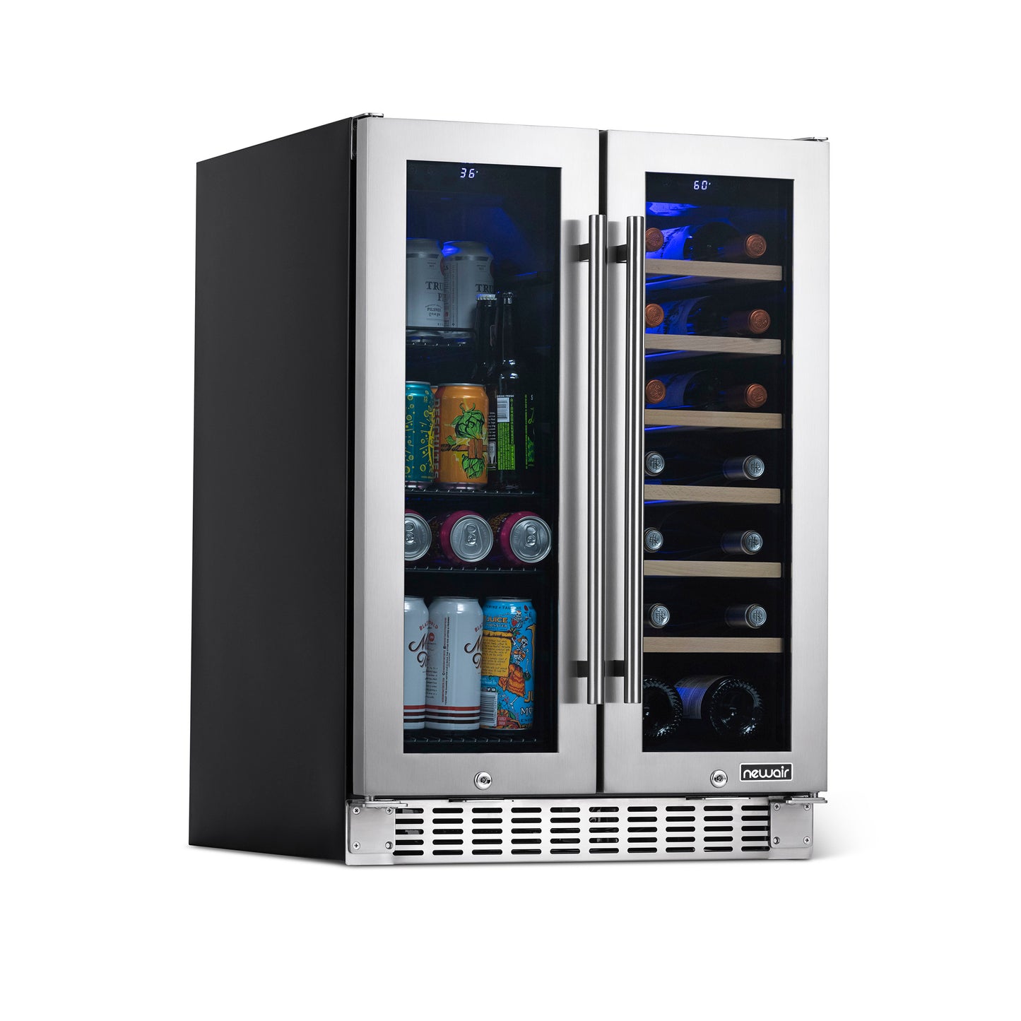 Newair 24” Premium Built-in Dual Zone 18 Bottle and 58 Can French Door Wine and Beverage Fridge in Stainless Steel with SplitShelf™ NWB080SS00-Wine and Beverage Fridges-The Wine Cooler Club