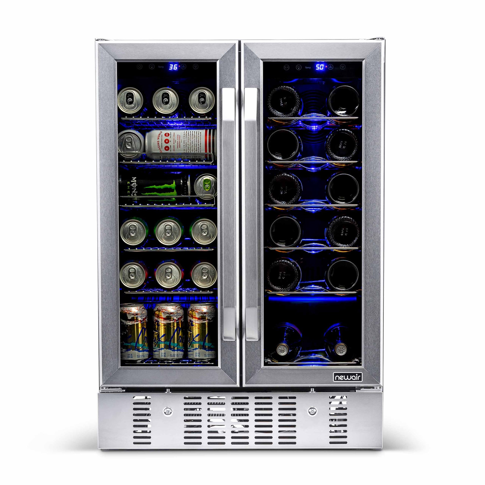 Newair 24” Built-in Dual Zone 18 Bottle and 58 Can Wine and Beverage Fridge in Stainless Steel with Chrome Shelves AWB-360DB-Wine and Beverage Fridges-The Wine Cooler Club