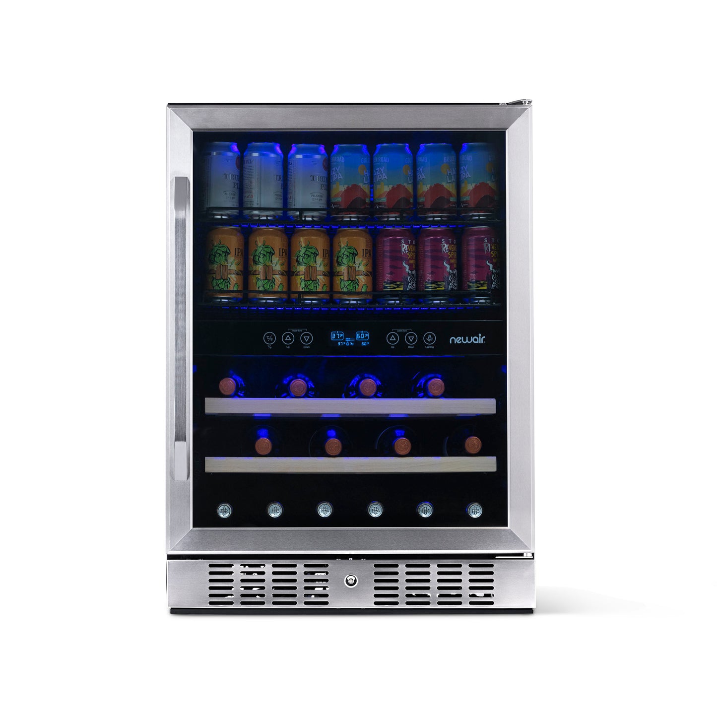 Newair 24” Built-in Dual Zone 20 Bottle and 70 Can Wine and Beverage Fridge in Stainless Steel with SplitShelf™ and Smooth Rolling Shelves AWB-400DB-Wine and Beverage Fridges-The Wine Cooler Club