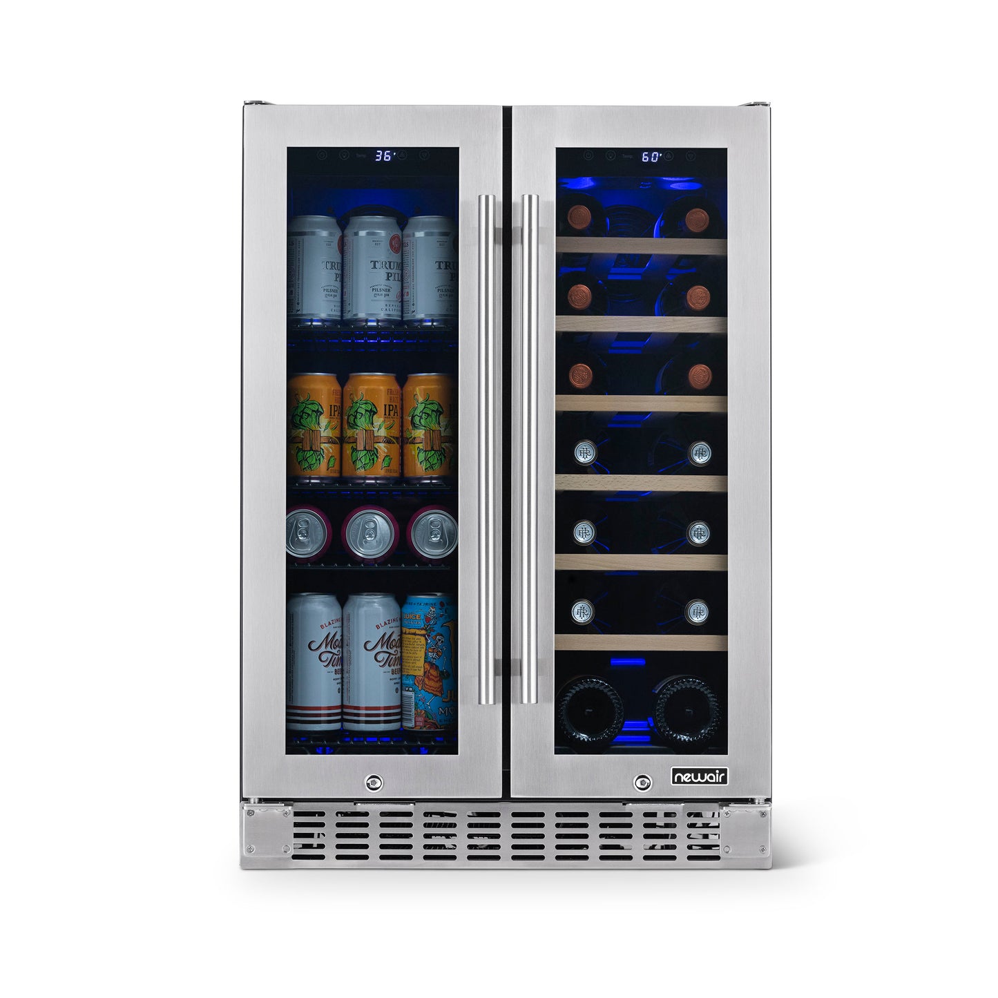 Newair 24” Premium Built-in Dual Zone 18 Bottle and 58 Can French Door Wine and Beverage Fridge in Stainless Steel with SplitShelf™ NWB080SS00-Wine and Beverage Fridges-The Wine Cooler Club