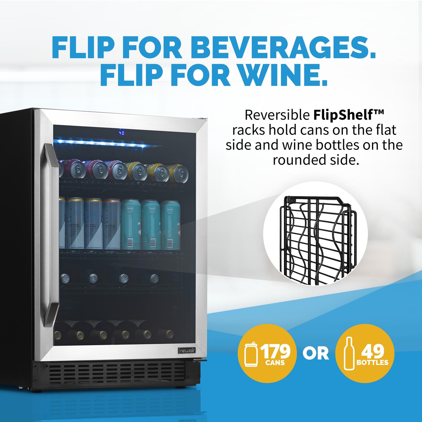 Newair FlipShelf™ 24" 162 Can or 54 Bottle, Built-in or Freestanding Wine and Beverage Fridge with Reversible Shelves NWB180SS00-Wine and Beverage Fridges-The Wine Cooler Club
