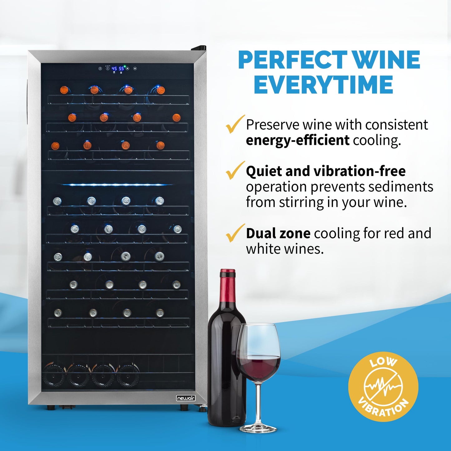 Newair Freestanding 76 Bottle Dual Zone Wine Fridge with Low-Vibration Ultra-Quiet Inverter Compressor and Adjustable Racks NWC076SS00-Wine Fridges-The Wine Cooler Club