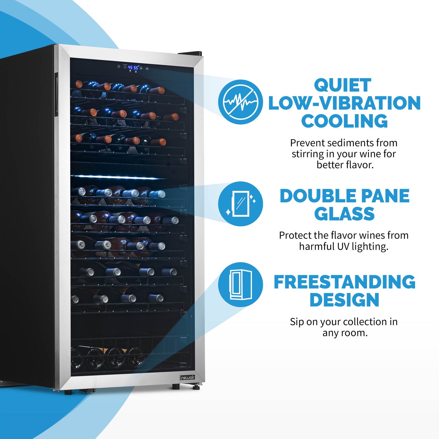 Newair Freestanding 76 Bottle Dual Zone Wine Fridge with Low-Vibration Ultra-Quiet Inverter Compressor and Adjustable Racks NWC076SS00-Wine Fridges-The Wine Cooler Club