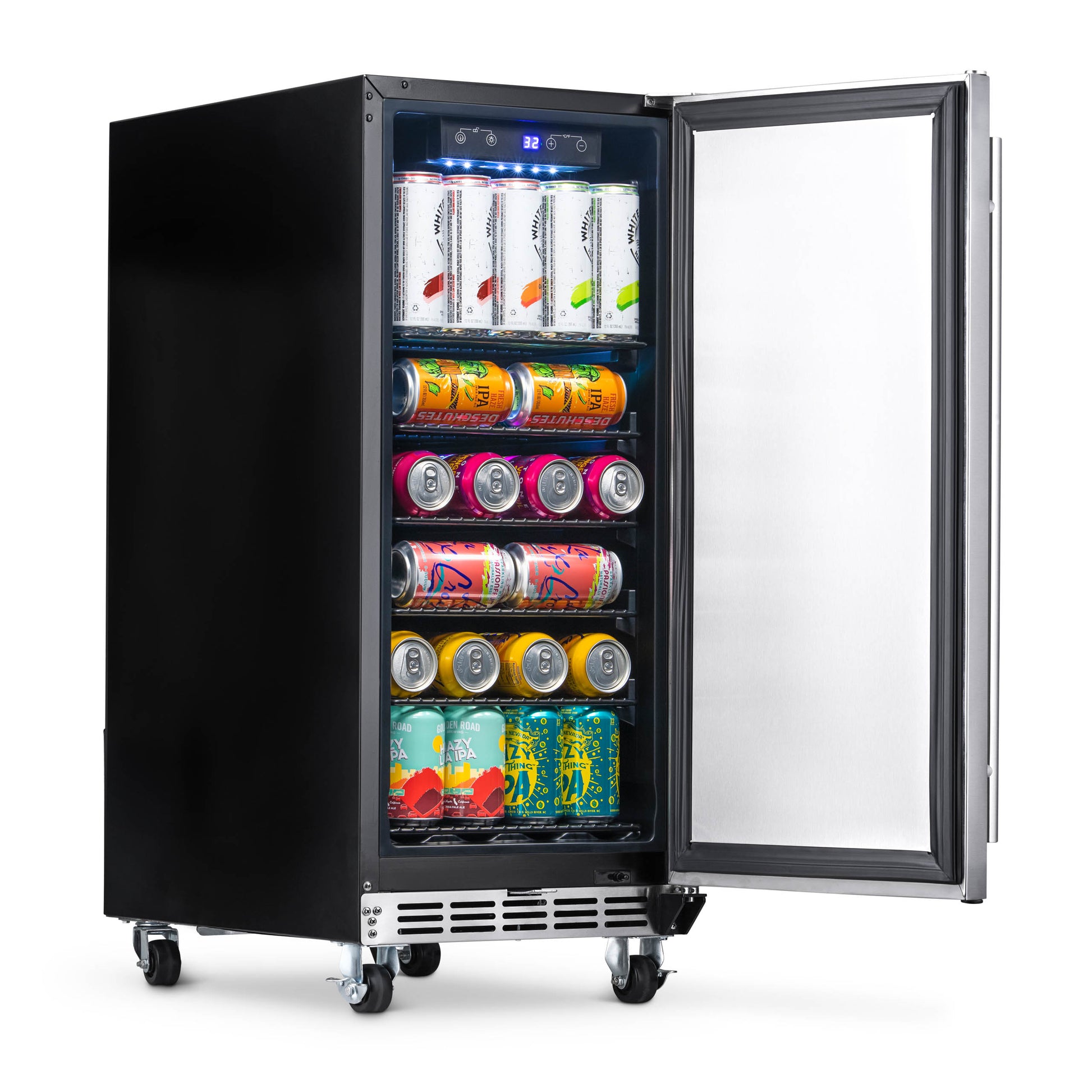 Newair 15” Built-in 90 Can Outdoor Beverage Fridge in Weatherproof Stainless Steel with Auto-Closing Door and Easy Glide Casters NOF090SS00-Beverage Fridges-The Wine Cooler Club