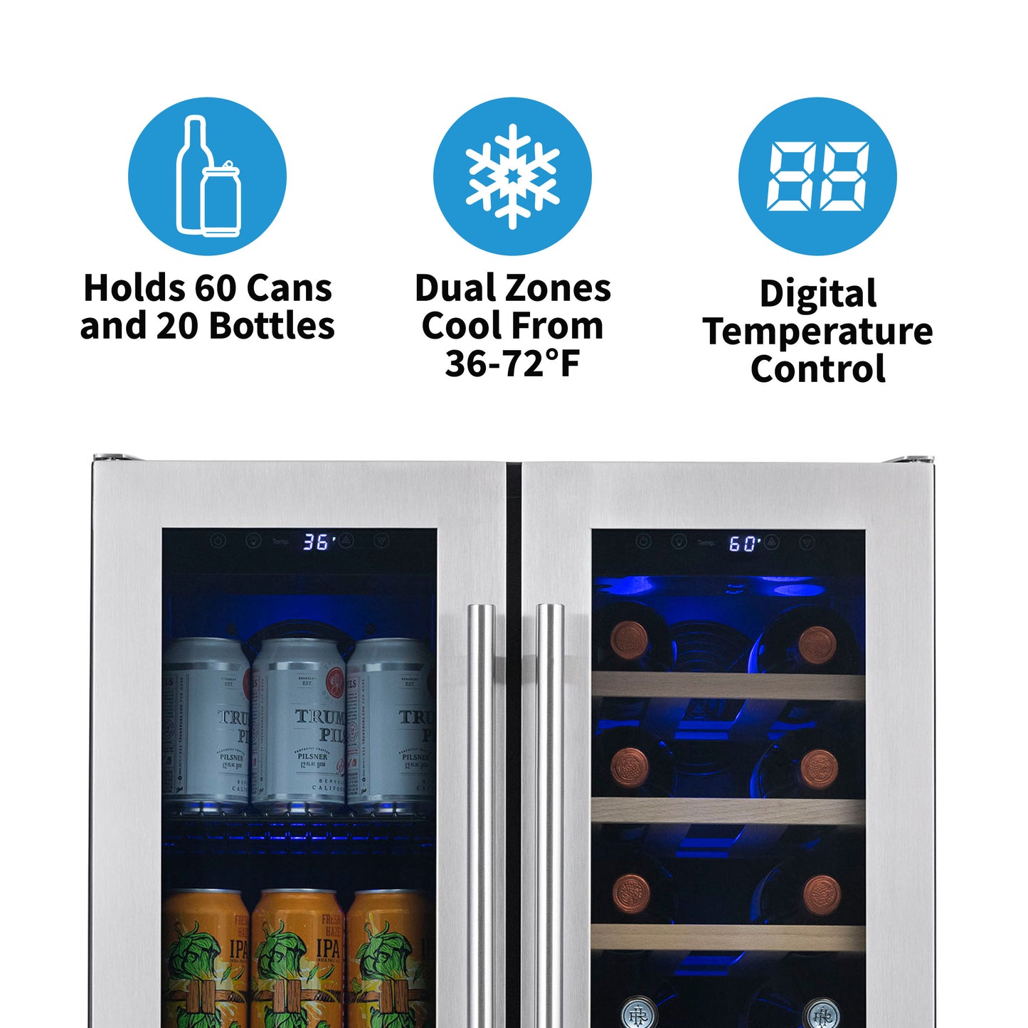 Newair 24” Premium Built-in Dual Zone 18 Bottle and 58 Can French Door Wine and Beverage Fridge in Stainless Steel with SplitShelf™ NWB080SS00-Wine and Beverage Fridges-The Wine Cooler Club