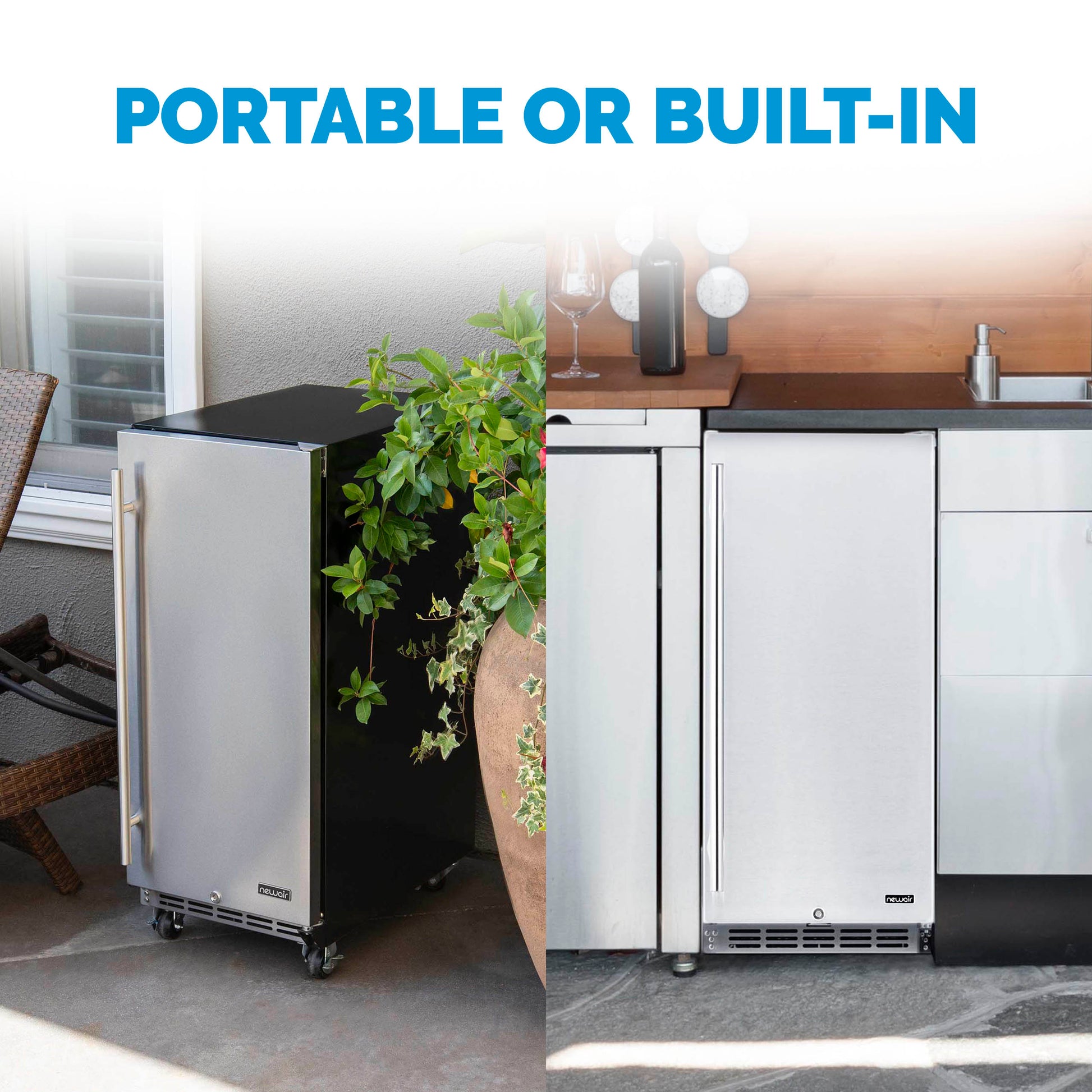 Newair 15” Built-in 90 Can Outdoor Beverage Fridge in Weatherproof Stainless Steel with Auto-Closing Door and Easy Glide Casters NOF090SS00-Beverage Fridges-The Wine Cooler Club