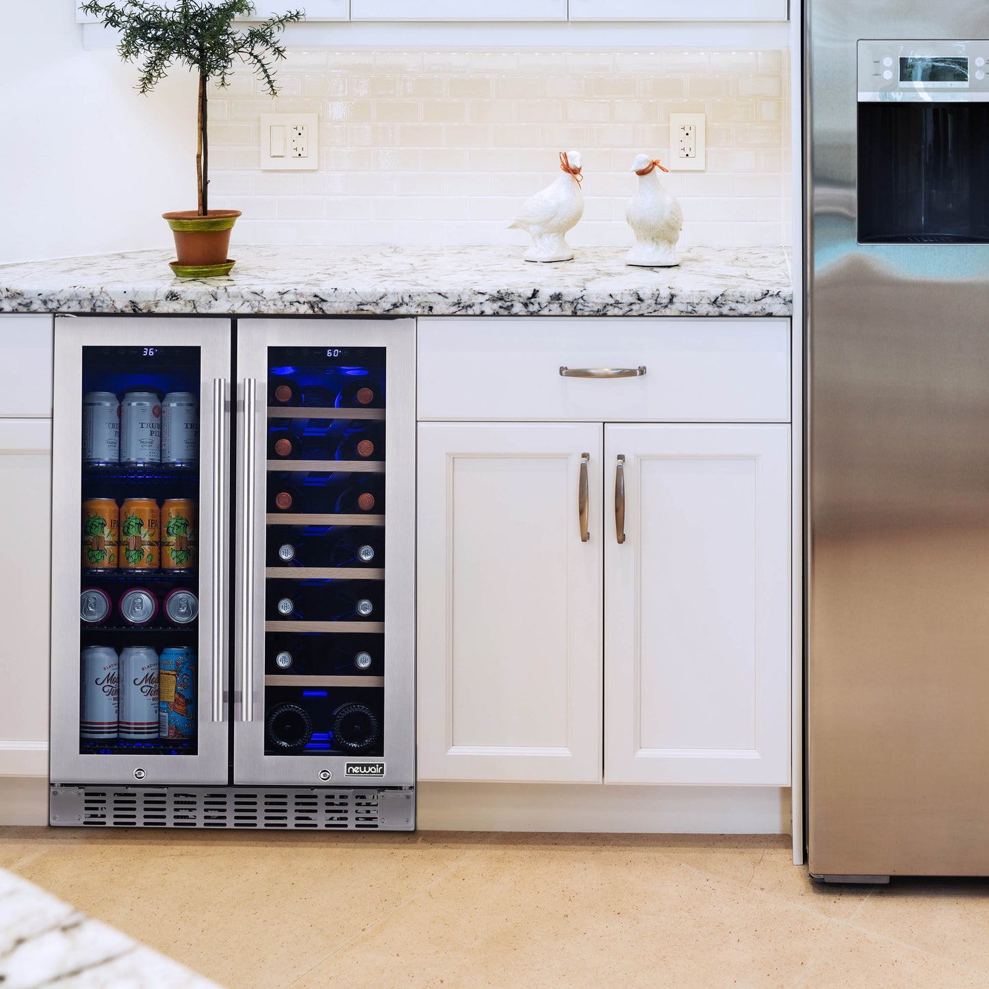 Newair 24” Premium Built-in Dual Zone 18 Bottle and 58 Can French Door Wine and Beverage Fridge in Stainless Steel with SplitShelf™ NWB080SS00-Wine and Beverage Fridges-The Wine Cooler Club