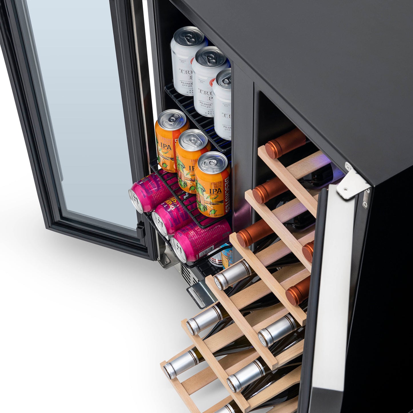 Newair 24” Premium Built-in Dual Zone 18 Bottle and 58 Can French Door Wine and Beverage Fridge in Stainless Steel with SplitShelf™ NWB080SS00-Wine and Beverage Fridges-The Wine Cooler Club