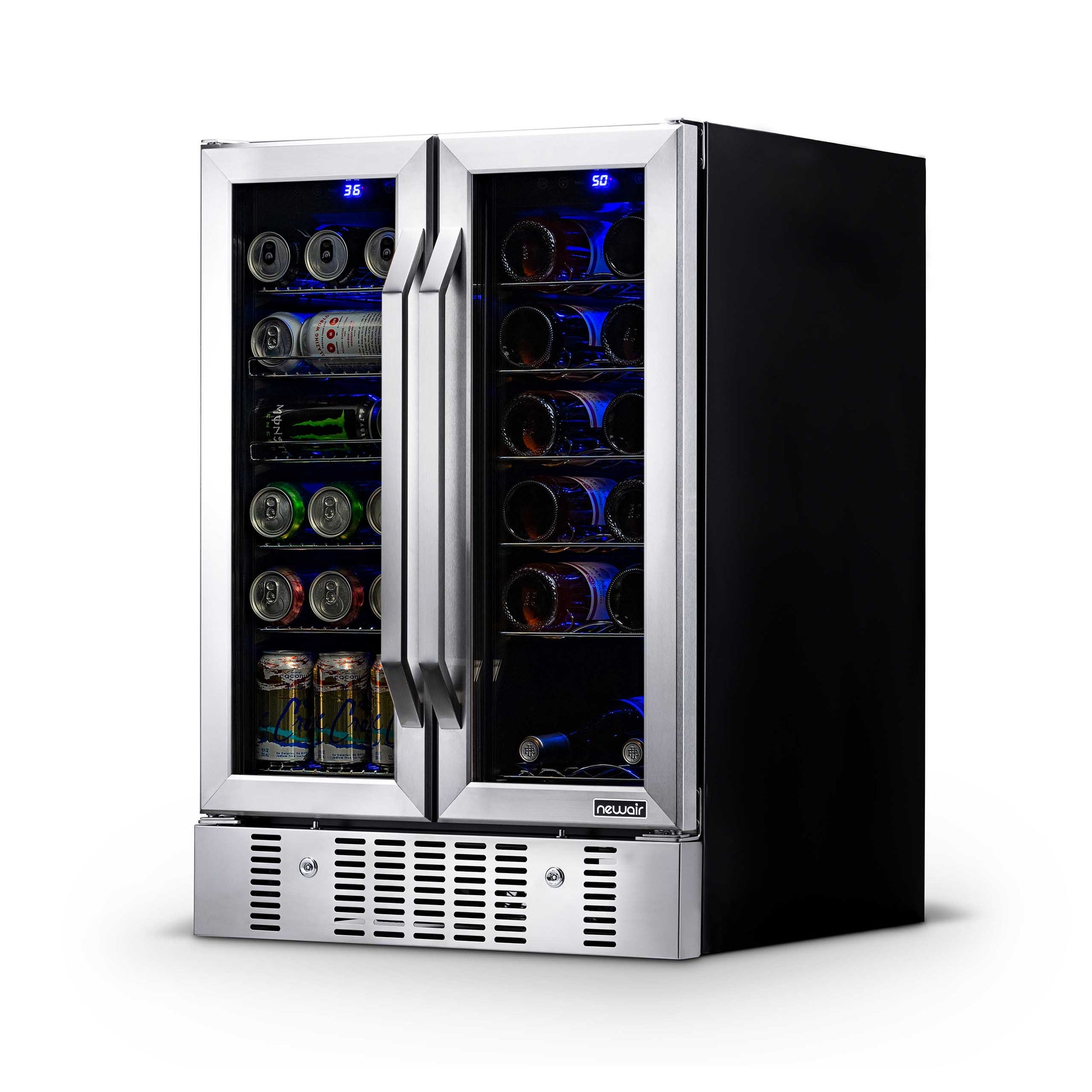 Newair 24” Built-in Dual Zone 18 Bottle and 58 Can Wine and Beverage Fridge in Stainless Steel with Chrome Shelves AWB-360DB-Wine and Beverage Fridges-The Wine Cooler Club