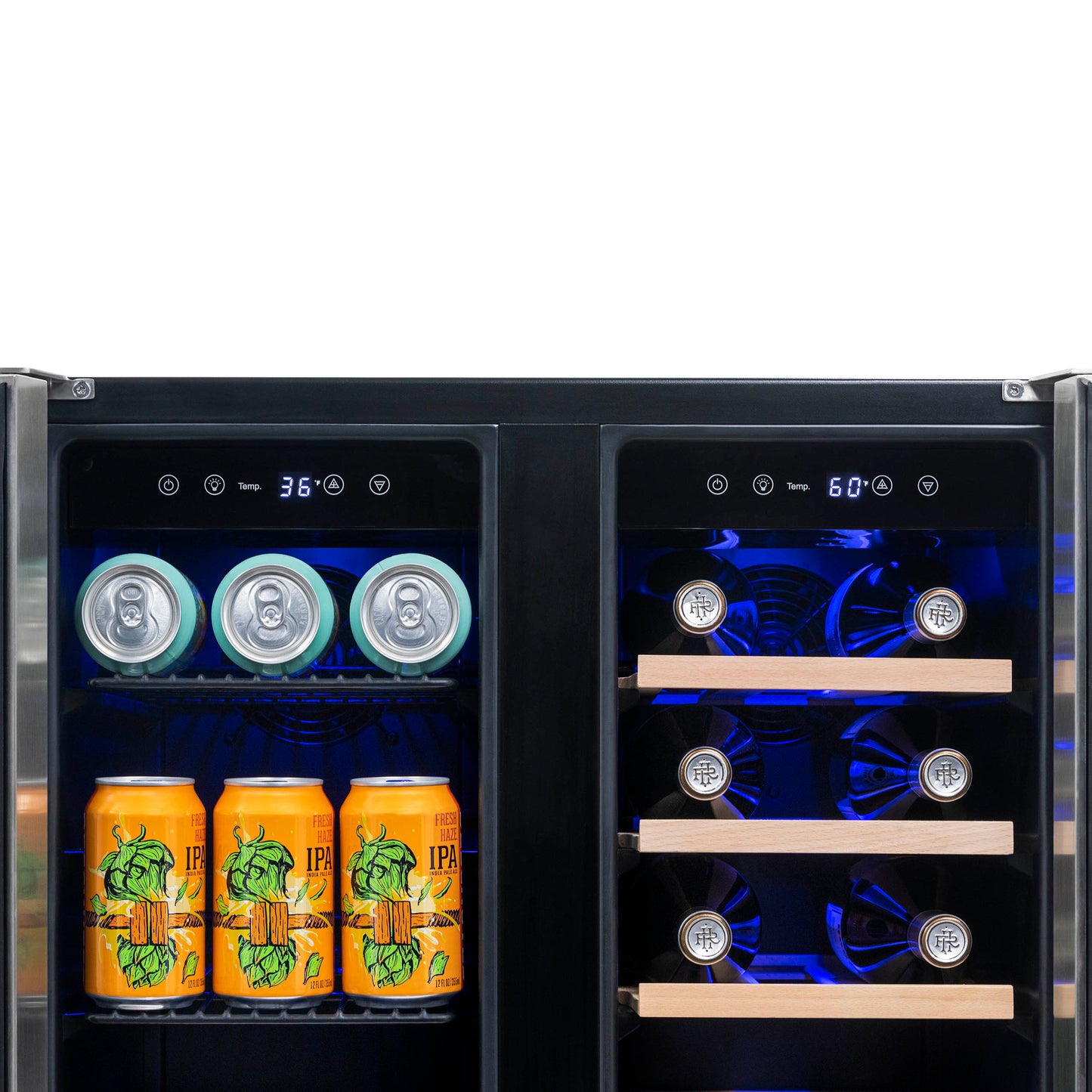 Newair 24” Premium Built-in Dual Zone 18 Bottle and 58 Can French Door Wine and Beverage Fridge in Stainless Steel with SplitShelf™ NWB080SS00-Wine and Beverage Fridges-The Wine Cooler Club