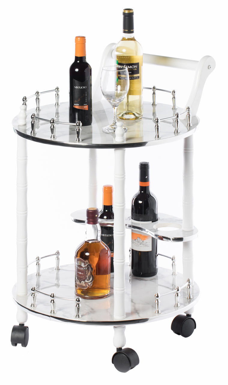 Round Wood Serving Bar Cart Tea Trolley with 2 Tier Shelves and Rolling Wheels QI003779-Wine Bottle Holders-The Wine Cooler Club