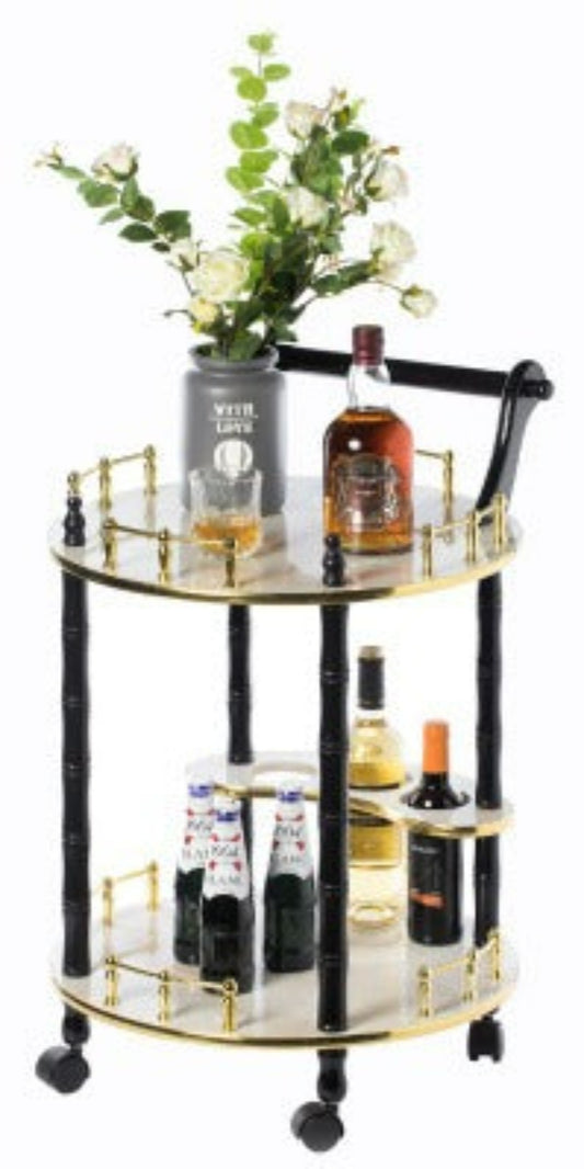 Round Wood Serving Bar Cart Tea Trolley with 2 Tier Shelves and Rolling Wheels QI003779-Wine Bottle Holders-The Wine Cooler Club