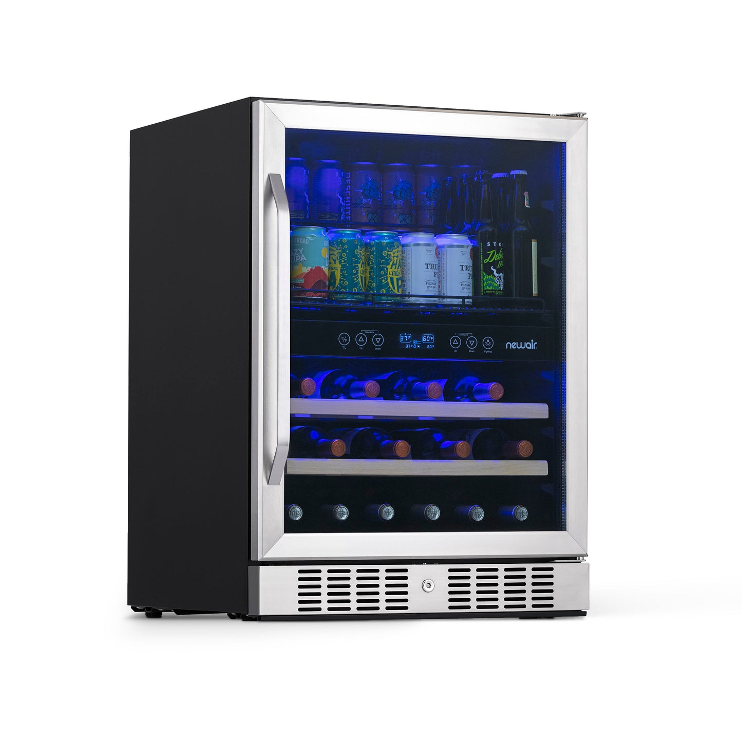 Newair 24” Built-in Dual Zone 20 Bottle and 70 Can Wine and Beverage Fridge in Stainless Steel with SplitShelf™ and Smooth Rolling Shelves AWB-400DB-Wine and Beverage Fridges-The Wine Cooler Club