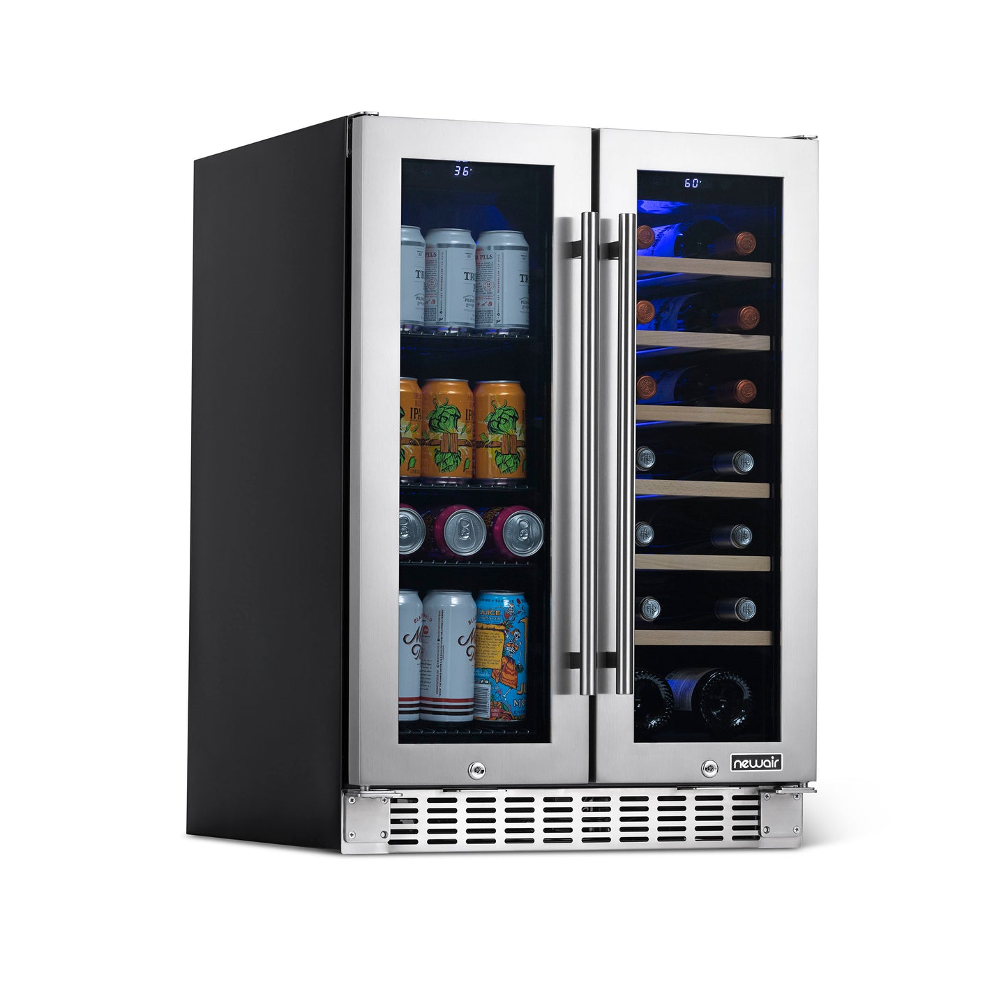 Newair 24” Premium Built-in Dual Zone 18 Bottle and 58 Can French Door Wine and Beverage Fridge in Stainless Steel with SplitShelf™ NWB080SS00-Wine and Beverage Fridges-The Wine Cooler Club