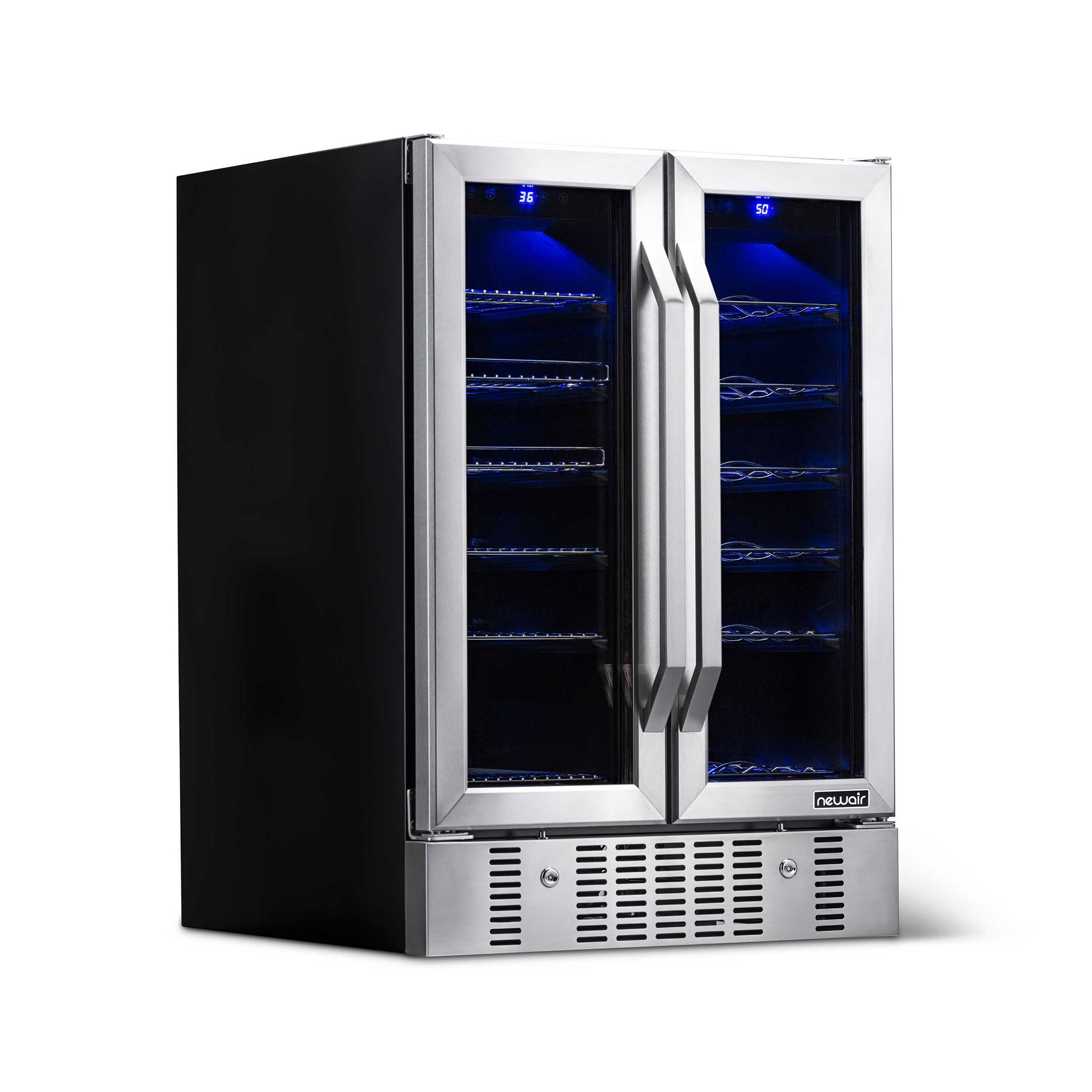 Newair 24” Built-in Dual Zone 18 Bottle and 58 Can Wine and Beverage Fridge in Stainless Steel with Chrome Shelves AWB-360DB-Wine and Beverage Fridges-The Wine Cooler Club