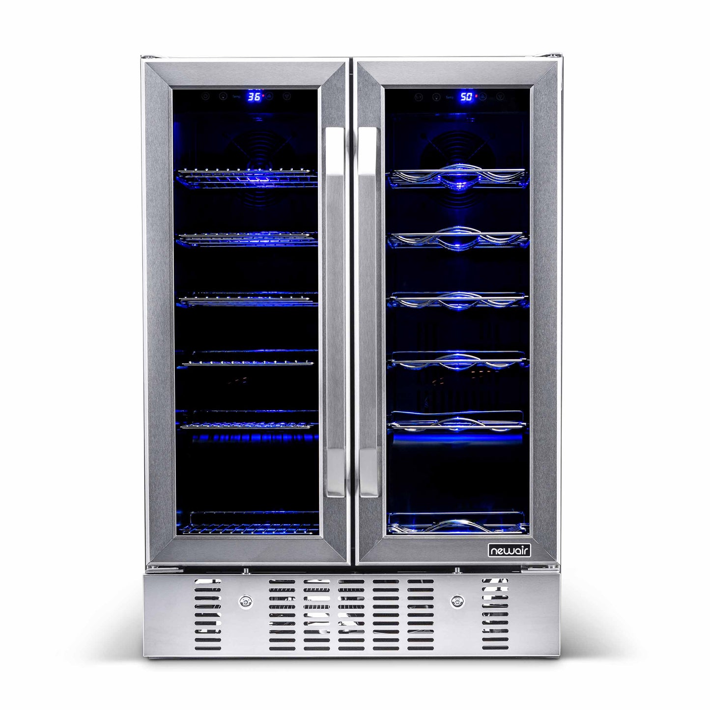 Newair 24” Built-in Dual Zone 18 Bottle and 58 Can Wine and Beverage Fridge in Stainless Steel with Chrome Shelves AWB-360DB-Wine and Beverage Fridges-The Wine Cooler Club