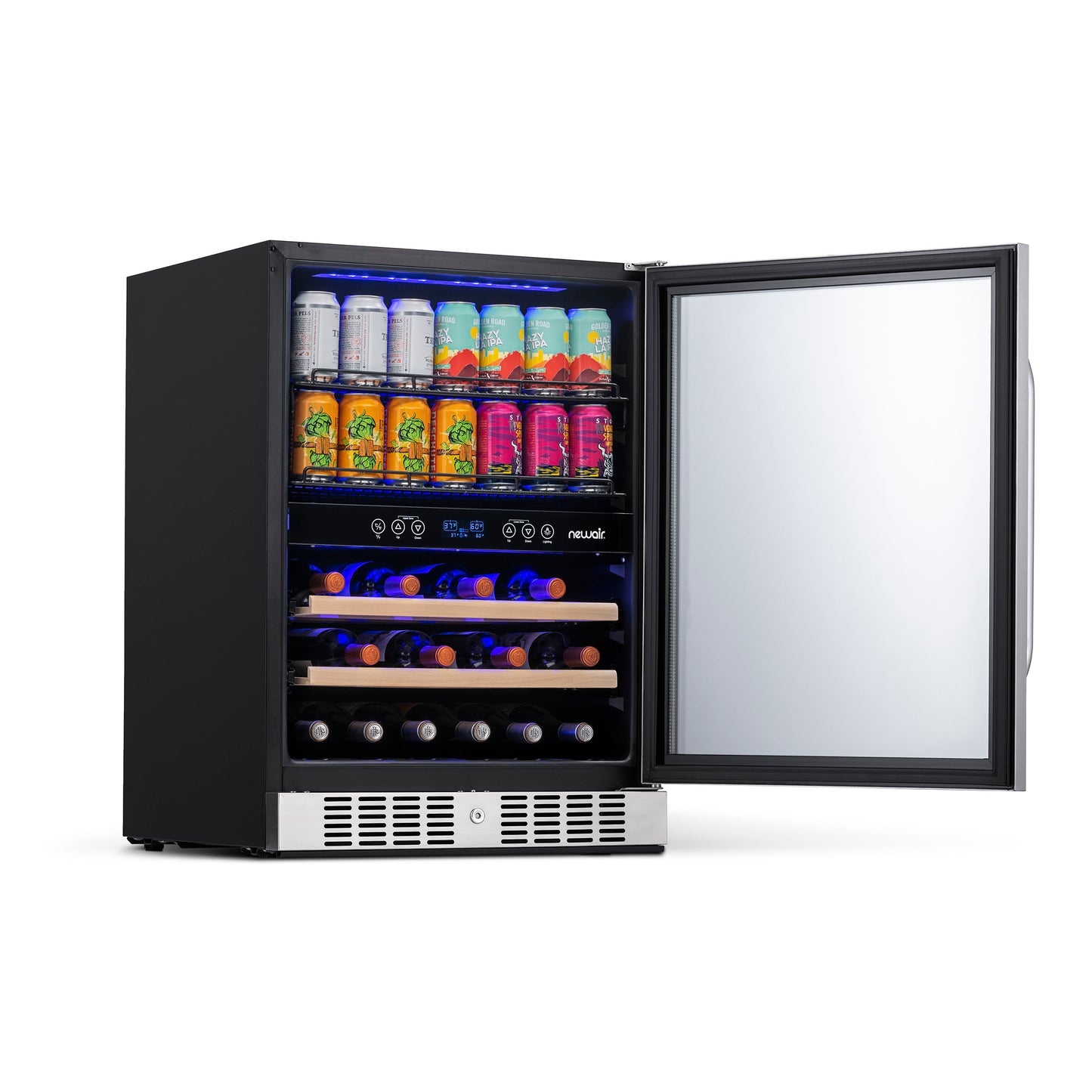 Newair 24” Built-in Dual Zone 20 Bottle and 70 Can Wine and Beverage Fridge in Stainless Steel with SplitShelf™ and Smooth Rolling Shelves AWB-400DB-Wine and Beverage Fridges-The Wine Cooler Club