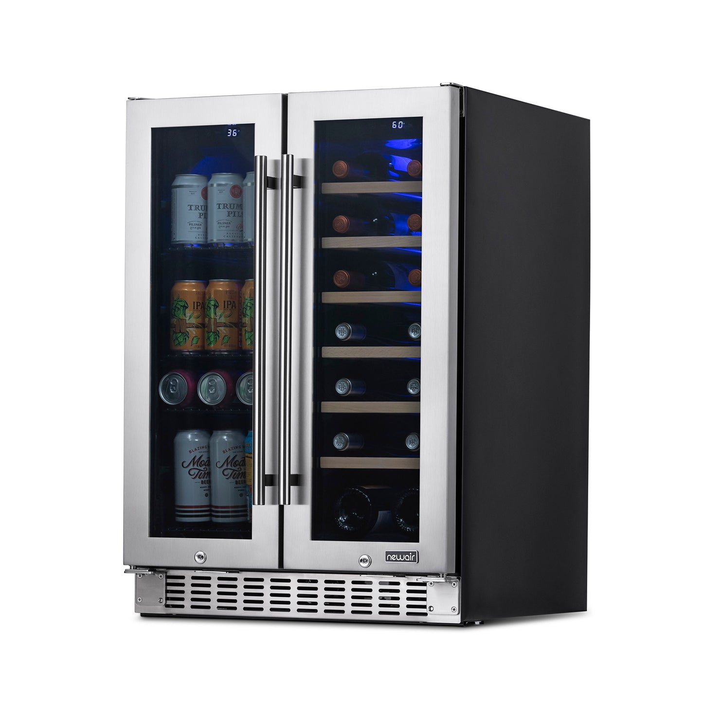 Newair 24” Premium Built-in Dual Zone 18 Bottle and 58 Can French Door Wine and Beverage Fridge in Stainless Steel with SplitShelf™ NWB080SS00-Wine and Beverage Fridges-The Wine Cooler Club