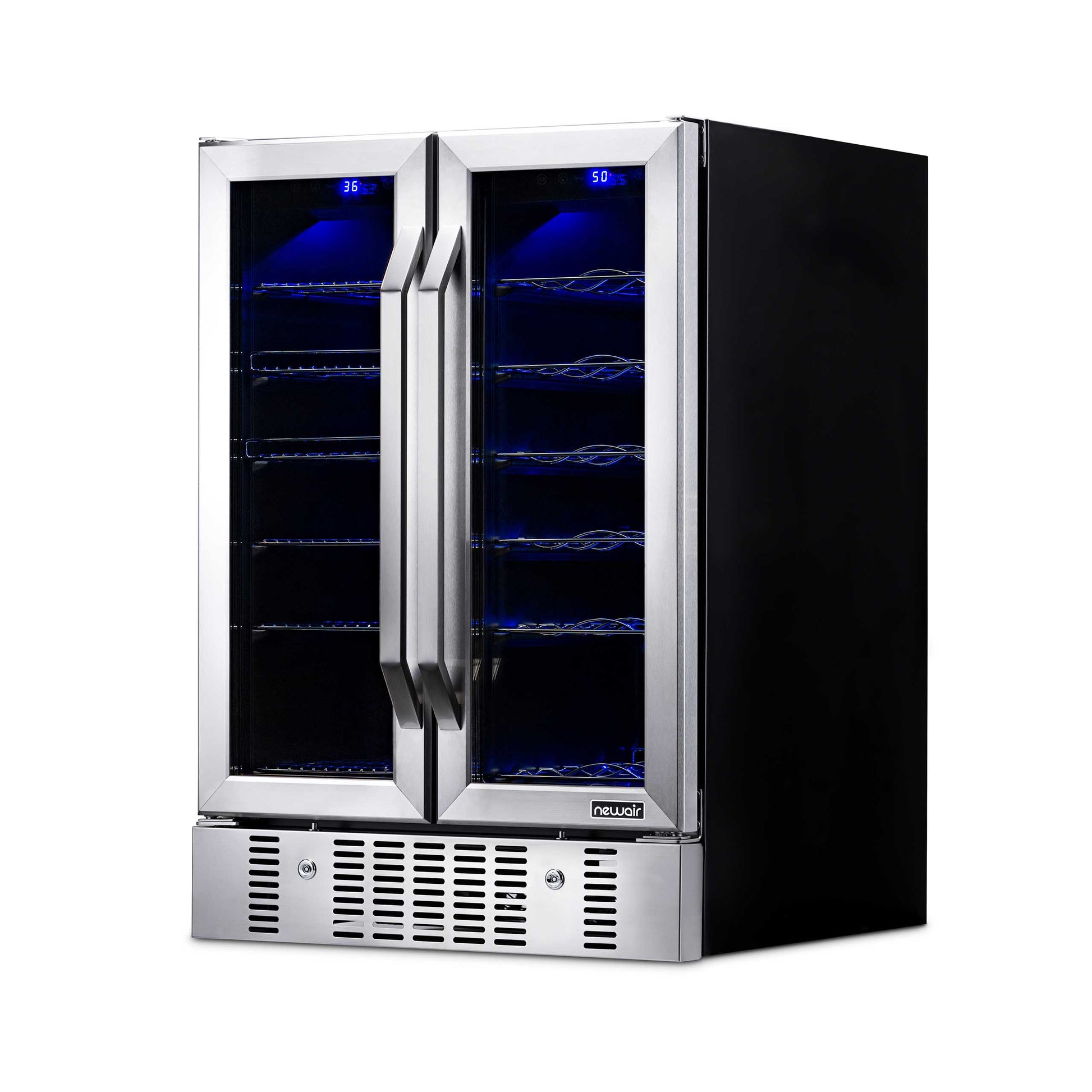 Newair 24” Built-in Dual Zone 18 Bottle and 58 Can Wine and Beverage Fridge in Stainless Steel with Chrome Shelves AWB-360DB-Wine and Beverage Fridges-The Wine Cooler Club