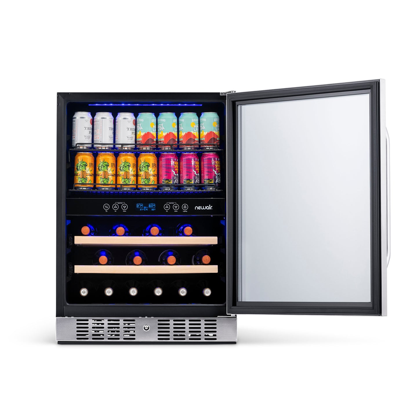 Newair 24” Built-in Dual Zone 20 Bottle and 70 Can Wine and Beverage Fridge in Stainless Steel with SplitShelf™ and Smooth Rolling Shelves AWB-400DB-Wine and Beverage Fridges-The Wine Cooler Club