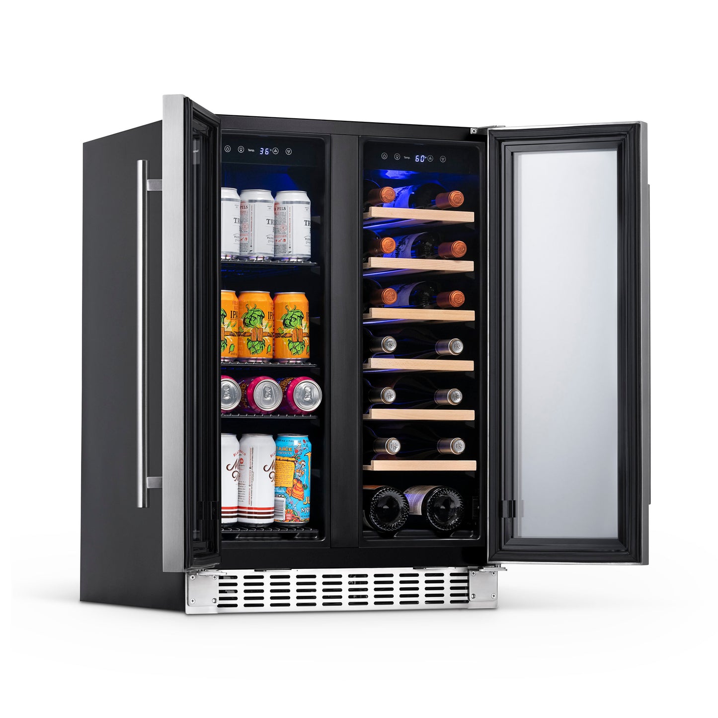 Newair 24” Premium Built-in Dual Zone 18 Bottle and 58 Can French Door Wine and Beverage Fridge in Stainless Steel with SplitShelf™ NWB080SS00-Wine and Beverage Fridges-The Wine Cooler Club