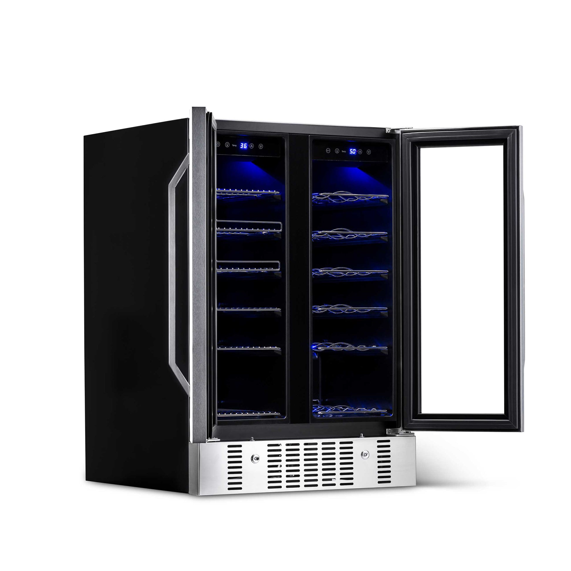 Newair 24” Built-in Dual Zone 18 Bottle and 58 Can Wine and Beverage Fridge in Stainless Steel with Chrome Shelves AWB-360DB-Wine and Beverage Fridges-The Wine Cooler Club