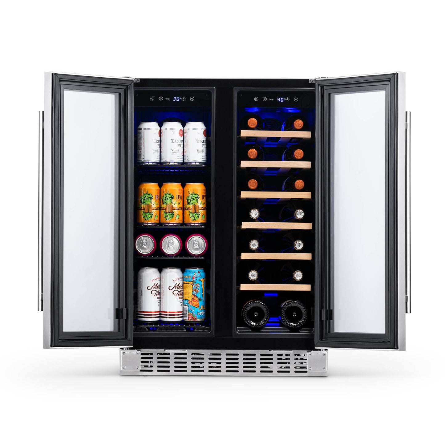 Newair 24” Premium Built-in Dual Zone 18 Bottle and 58 Can French Door Wine and Beverage Fridge in Stainless Steel with SplitShelf™ NWB080SS00-Wine and Beverage Fridges-The Wine Cooler Club