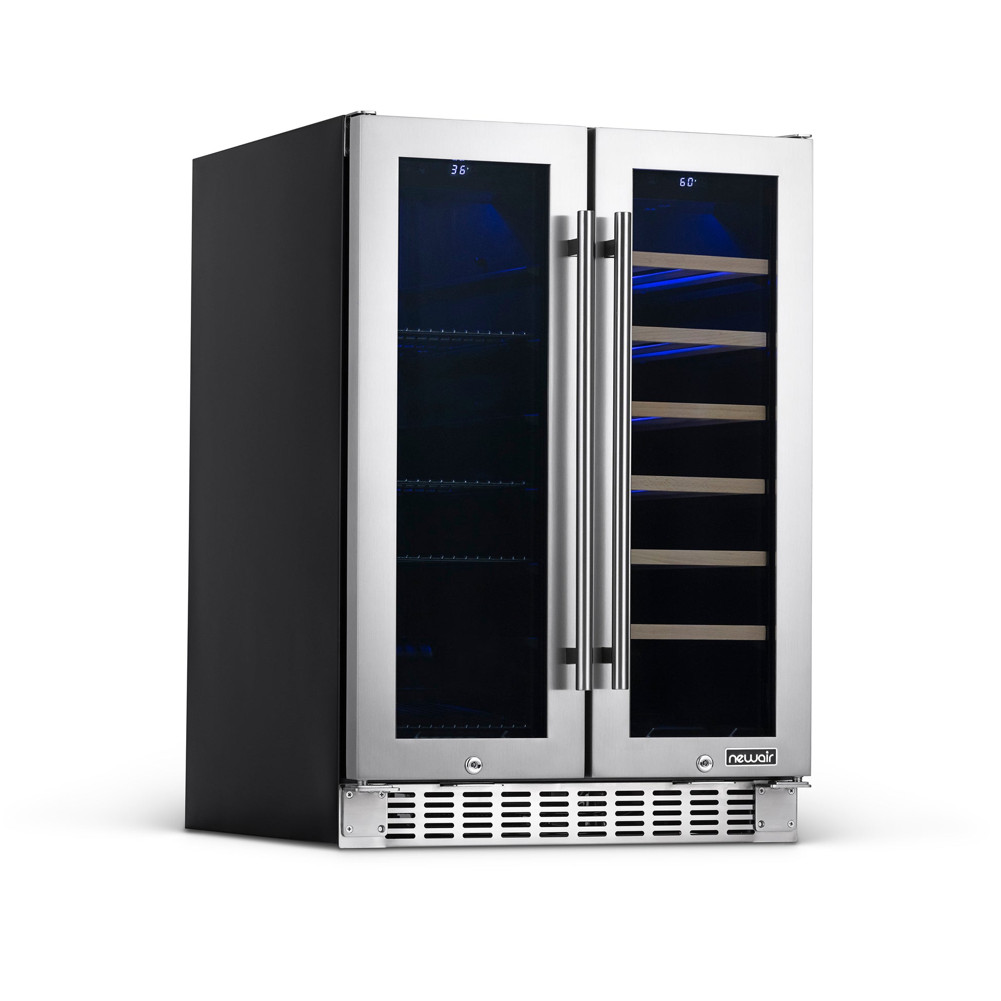 Newair 24” Premium Built-in Dual Zone 18 Bottle and 58 Can French Door Wine and Beverage Fridge in Stainless Steel with SplitShelf™ NWB080SS00-Wine and Beverage Fridges-The Wine Cooler Club