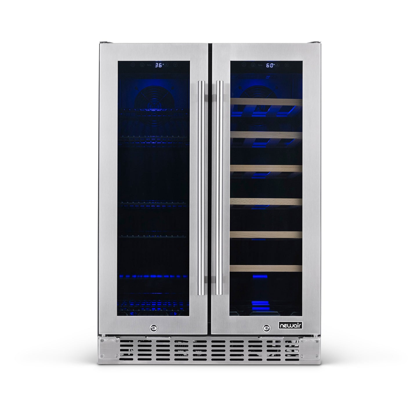 Newair 24” Premium Built-in Dual Zone 18 Bottle and 58 Can French Door Wine and Beverage Fridge in Stainless Steel with SplitShelf™ NWB080SS00-Wine and Beverage Fridges-The Wine Cooler Club