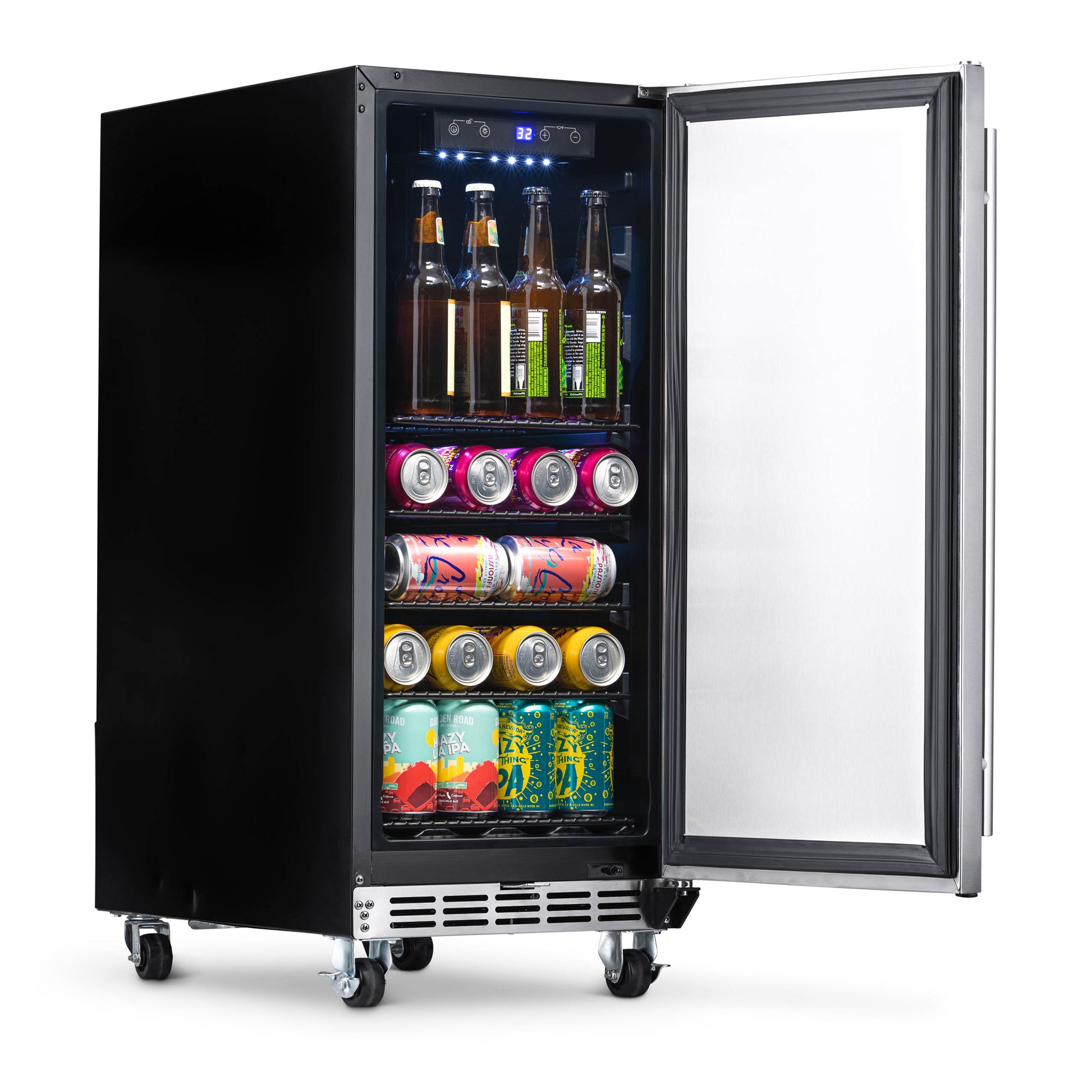 Newair 15” Built-in 90 Can Outdoor Beverage Fridge in Weatherproof Stainless Steel with Auto-Closing Door and Easy Glide Casters NOF090SS00-Beverage Fridges-The Wine Cooler Club