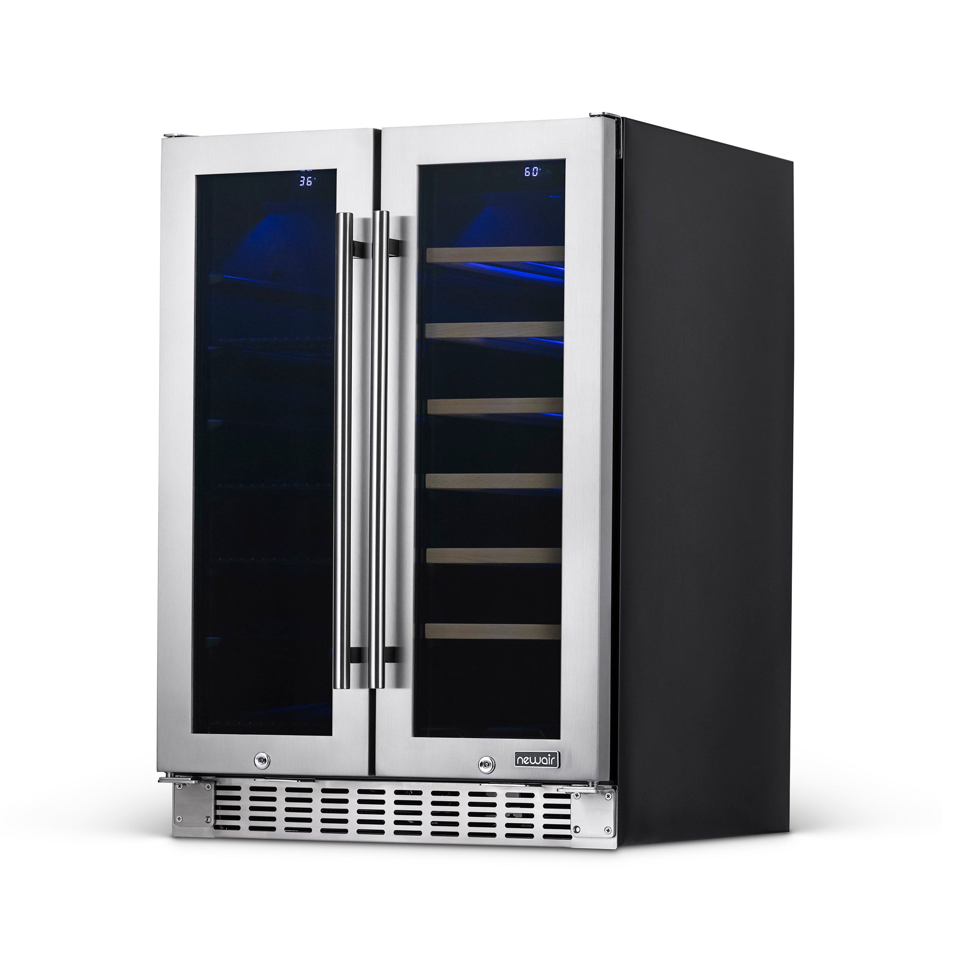 Newair 24” Premium Built-in Dual Zone 18 Bottle and 58 Can French Door Wine and Beverage Fridge in Stainless Steel with SplitShelf™ NWB080SS00-Wine and Beverage Fridges-The Wine Cooler Club