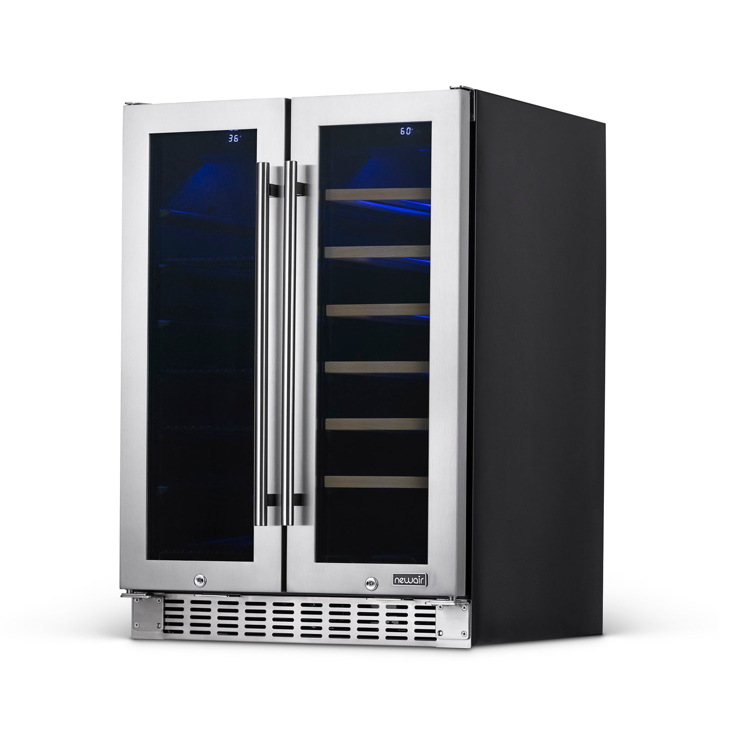 Newair 24” Premium Built-in Dual Zone 18 Bottle and 58 Can French Door Wine and Beverage Fridge in Stainless Steel with SplitShelf™ NWB080SS00-Wine and Beverage Fridges-The Wine Cooler Club