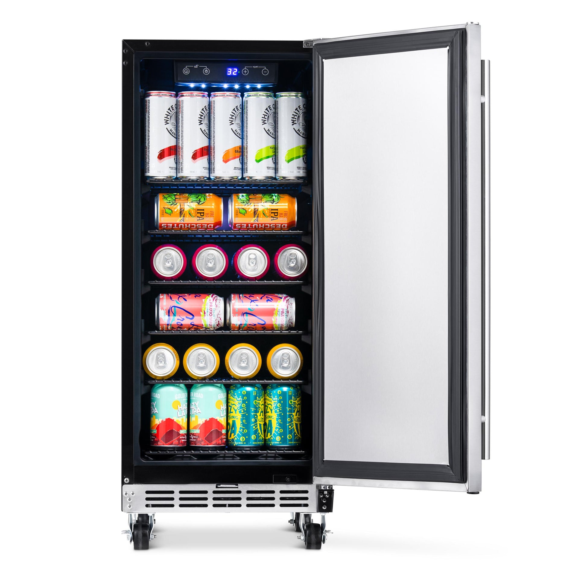 Newair 15” Built-in 90 Can Outdoor Beverage Fridge in Weatherproof Stainless Steel with Auto-Closing Door and Easy Glide Casters NOF090SS00-Beverage Fridges-The Wine Cooler Club