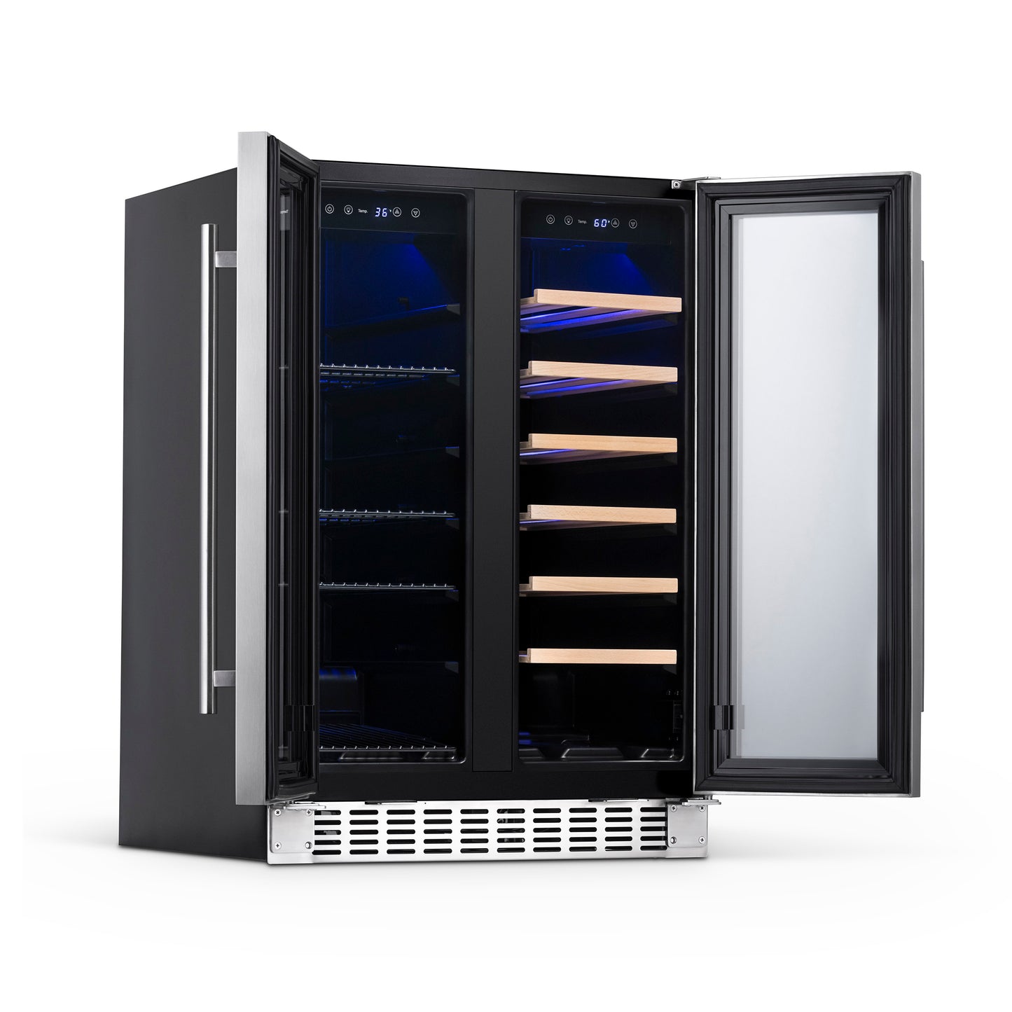 Newair 24” Premium Built-in Dual Zone 18 Bottle and 58 Can French Door Wine and Beverage Fridge in Stainless Steel with SplitShelf™ NWB080SS00-Wine and Beverage Fridges-The Wine Cooler Club