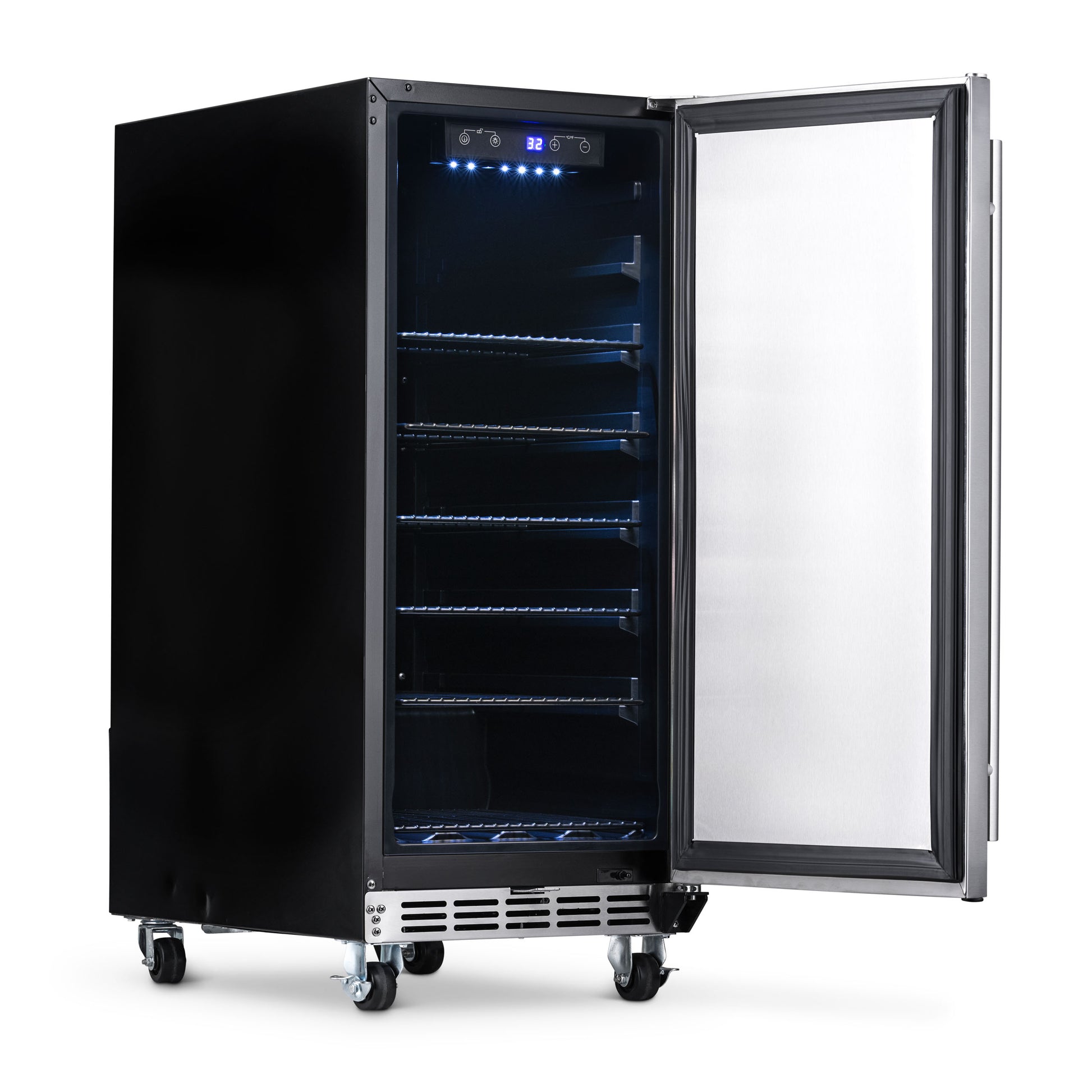 Newair 15” Built-in 90 Can Outdoor Beverage Fridge in Weatherproof Stainless Steel with Auto-Closing Door and Easy Glide Casters NOF090SS00-Beverage Fridges-The Wine Cooler Club