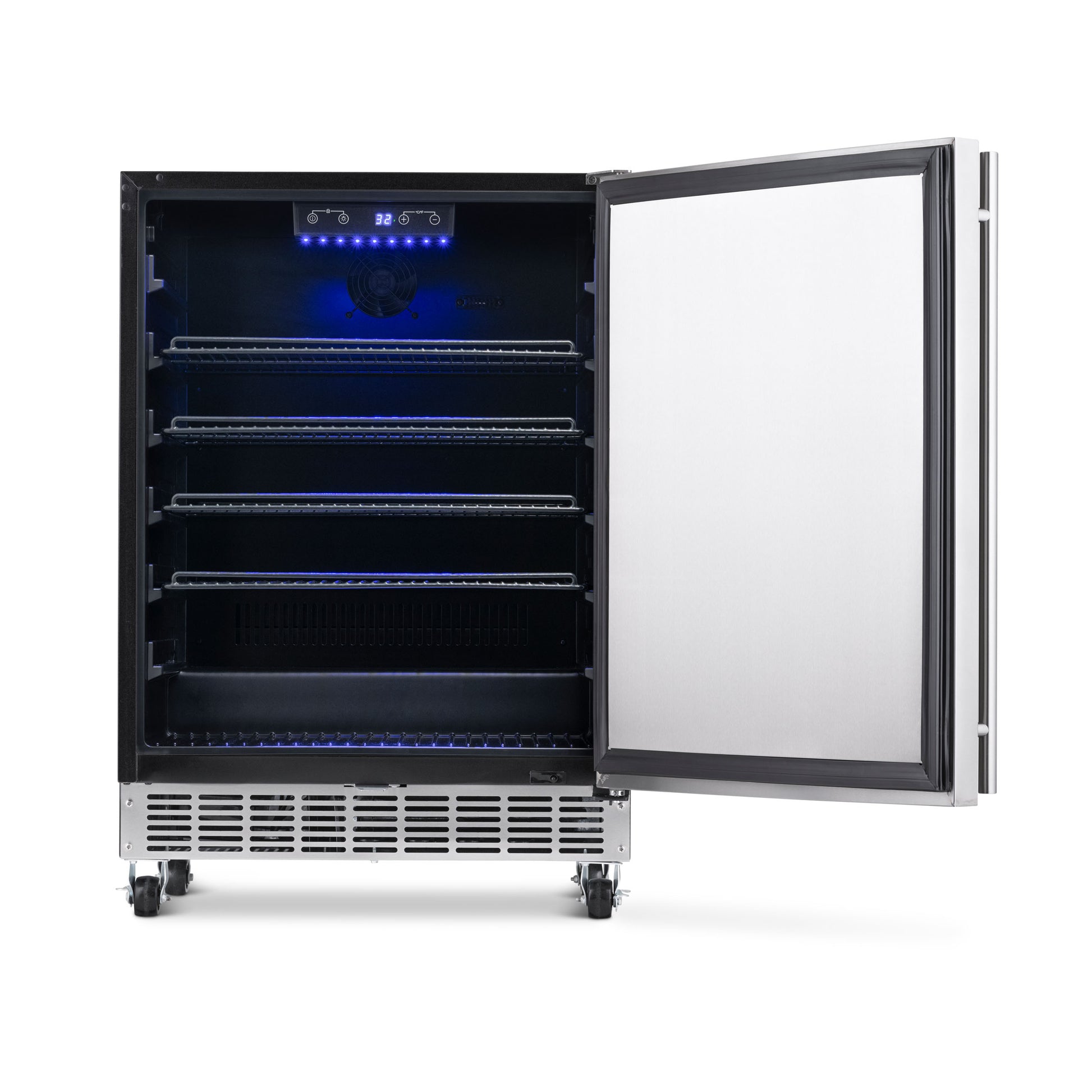 Newair 24” Built-in 160 Can Outdoor Beverage Fridge in Weatherproof Stainless Steel with Auto-Closing Door and Easy Glide Casters NOF160SS00-Beverage Fridges-The Wine Cooler Club
