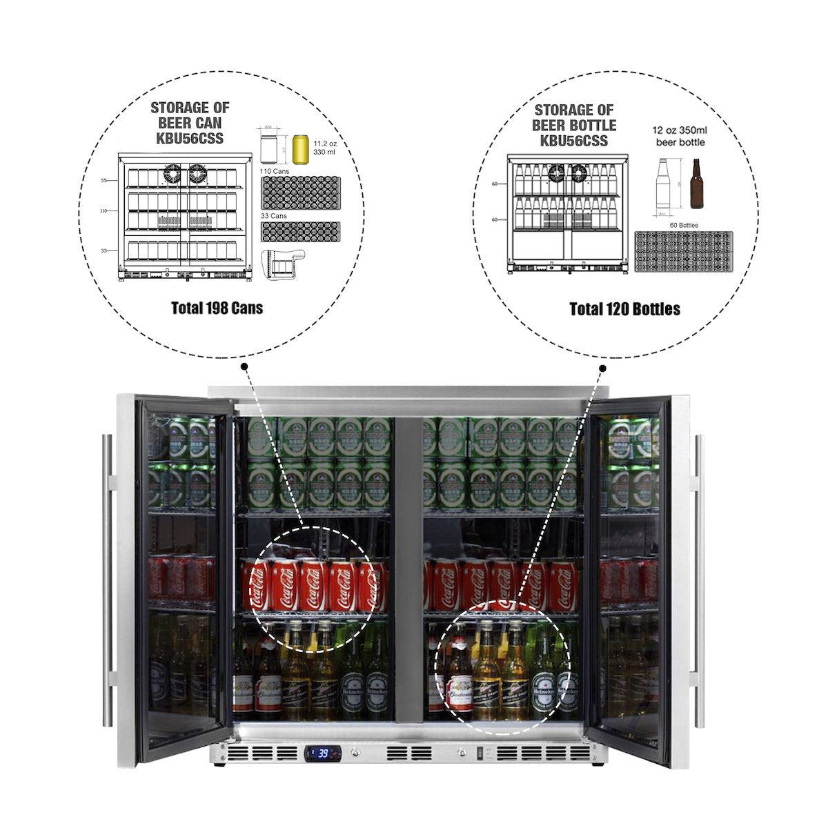 Kingsbottle 36 Inch Heating Glass 2 Door Built In Beverage Fridge KBU56M-Wine Coolers-The Wine Cooler Club