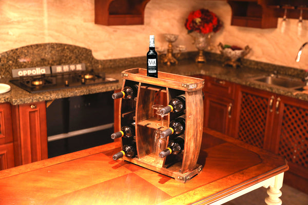 Rustic Wooden Wine Rack with Glass Holder-8 Bottle Decorative Wine Holder QI003340-Wine Bottle Holders-The Wine Cooler Club