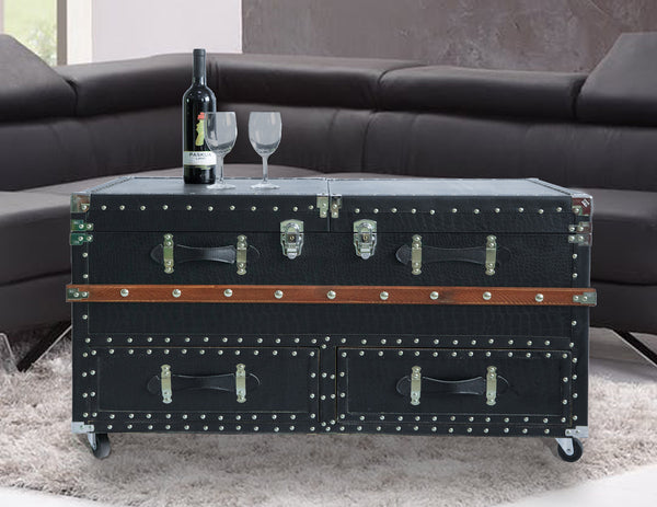 Black Crocodile Leather Coffee End Table and Wine Bar Trunk with Sliding Top and Drawers QI003412L-Wine Bottle Holders-The Wine Cooler Club