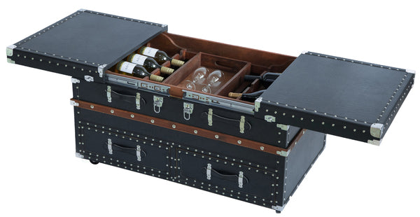Black Crocodile Leather Coffee End Table and Wine Bar Trunk with Sliding Top and Drawers QI003412L-Wine Bottle Holders-The Wine Cooler Club