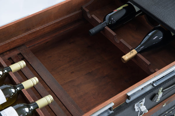 Black Crocodile Leather Coffee End Table and Wine Bar Trunk with Sliding Top and Drawers QI003412L-Wine Bottle Holders-The Wine Cooler Club