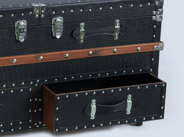 Black Crocodile Leather Coffee End Table and Wine Bar Trunk with Sliding Top and Drawers QI003412L-Wine Bottle Holders-The Wine Cooler Club