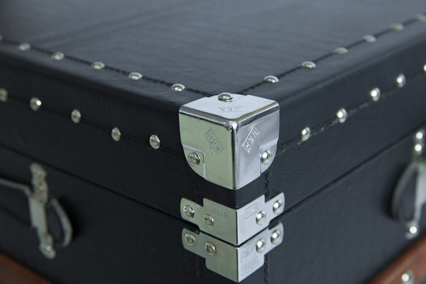 Black Crocodile Leather Coffee End Table and Wine Bar Trunk with Sliding Top and Drawers QI003412L-Wine Bottle Holders-The Wine Cooler Club