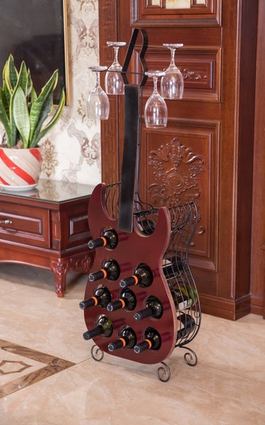 Vintage Wood and Metal Guitar Shaped 9 Bottle Freestanding Decorative Wine Holder QI003562-Wine Bottle Holders-The Wine Cooler Club