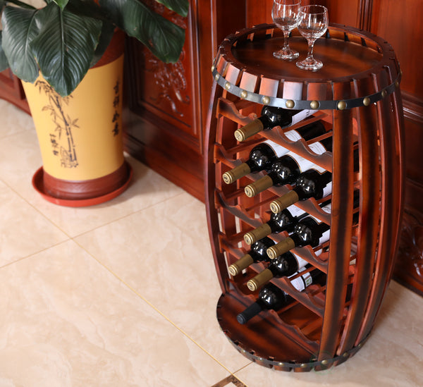 Rustic Barrel Shaped Wooden Wine Rack for 23 Bottles QI003604L-Wine Bottle Holders-The Wine Cooler Club