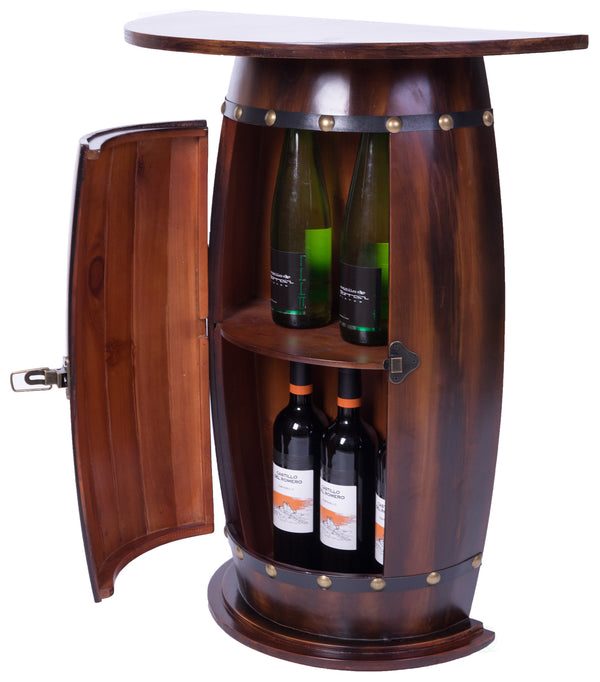 Rustic Lockable Barrel Shaped Wine Bar Cabinet Wooden End Table QI003605L-Wine Bottle Holders-The Wine Cooler Club